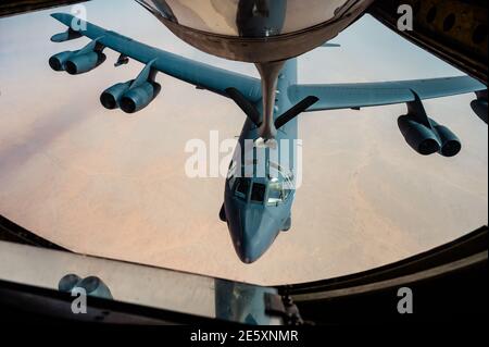 Persian Gulf, Saudi Arabia. 27th Jan, 2021. A U.S. Air Force B-52 Stratofortress strategic bomber from the 2nd Bomb Wing prepares to refuel from a KC-135 Stratotanker during a short-duration deployment to the middle east January 27, 202 over the Persian Gulf. Credit: Planetpix/Alamy Live News Stock Photo