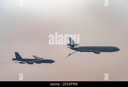 Persian Gulf, Saudi Arabia. 27th Jan, 2021. A U.S. Air Force B-52 Stratofortress strategic bomber from the 2nd Bomb Wing approaches a KC-135 Stratotanker to refuel during a short-duration deployment to the middle east January 27, 202 over the Persian Gulf. Credit: Planetpix/Alamy Live News Stock Photo