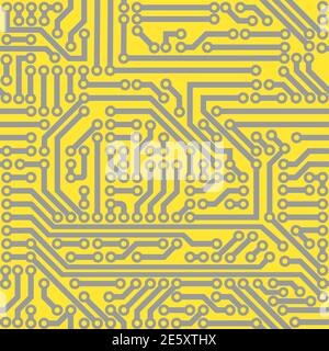 Vector circuit board background, seamless pattern. Trending colors of 2021, ultimate gray, illuminating Stock Vector