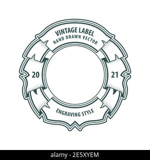 Hand drawn vintage label. Engraving style retro ribbon. Sketch drawing badge. Vector illustration. Part of set. Stock Vector