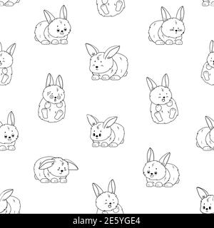 Black and white Repeat seamless pattern of rabbits with different emotions for coloring book. Happy, unhappy, wondered, in love and sad bunnies Stock Vector