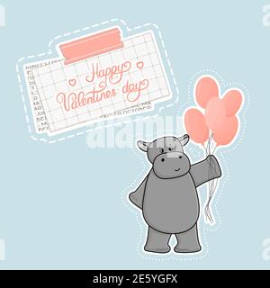 Happy Valentines Day lettering text on piece of squared paper and newspaper under washi tape. Gray cartoon hippo holds pink gas balloons for some holi Stock Vector