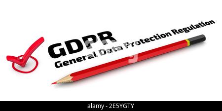 One red check mark with black text GDPR. General Data Protection Regulation and red pencil lies on a white surface. 3D illustration Stock Photo