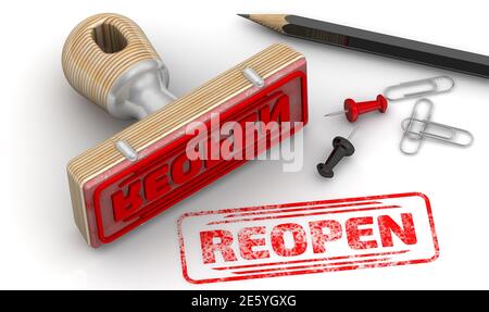 Reopen. The stamp and an imprint. Wooden stamp and red imprint REOPEN on white surface. 3D illustration Stock Photo