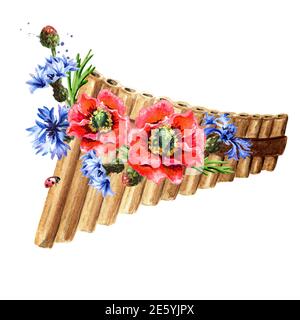Wooden Pan Flute or panpipe and  flowers. Summer music concept. Hand drawn watercolor illustration isolated on white background Stock Photo