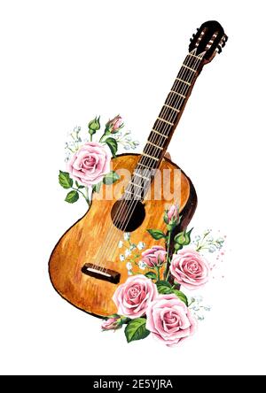 Wooden guitar music string instrument. Hand drawn watercolor ...