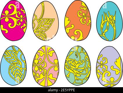 Vector set of eight easter eggs. Colorful easter eggs on white background. EPS 8 Stock Vector