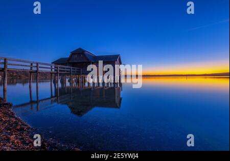 Boathouse at twilight on Ammersee, Stegen , Fuenfseenland, Upper Bavaria, Bavaria, Germany, Europe Stock Photo