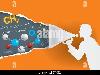 Chemistry  teacher, Distance learning, Online education concept. Male silhouette silhouette with megaphone ripping paper with chemical symbols. Stock Vector