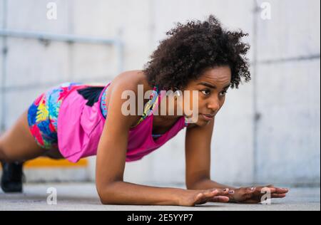 Young Woman Athlete Doing Pushups Part Bodybuilding Training Woman