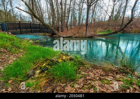 The blue-green waters, of the natural oasis of Lavino, indicate the presence of thermal springs of sulphurous water. Pescara Province, Abruzzo Stock Photo