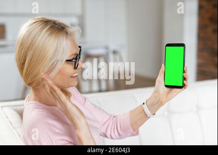 Back view a middle-aged woman is using smartphone for video meeting, video call, virtual conference, female is holding phone with an empty screen Stock Photo