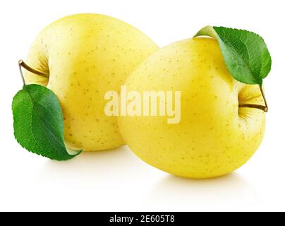 Two yellow apple fruit with green leaf isolated on white background. Golden apples with clipping path. Full Depth of Field Stock Photo