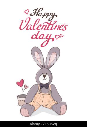 Vector hand-drawn illustration of a cute stuffed bunny. Greeting card for Valentines Day. Doodle. Stock Vector