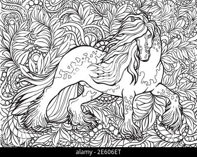 Unicorn and flowers. Magical animal. Vector artwork. Black and white, monochrome. Coloring book pages for adults and kids. Zentangle Illustration. Boh Stock Vector