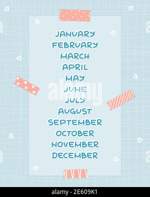 Blue Months from January words to December in English on patterned background with pink washi tape and paper with lines and white hearts for calendar, Stock Vector