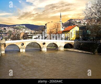 Latin Bridge on Miljacka river in Sarajevo Stock Photo