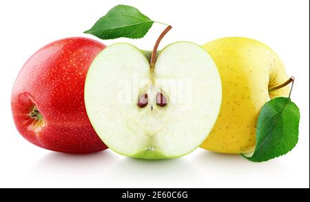 Colorful apples with leaves isolated on white background. Red, green, yellow apples with clipping path. Full Depth of Field Stock Photo