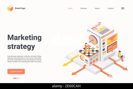 Marketing strategy isometric vector illustration. Cartoon 3d marketer leader or employee character standing on chess board, businessman solving financial strategic business problem landing page Stock Vector