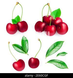 Collection of Cherry berries with green leaves  isolated on white background.  Various cherries. Creative layout Stock Photo