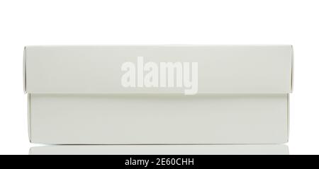 Closed white paper box isolated side view . Rectangle gift Stock Photo