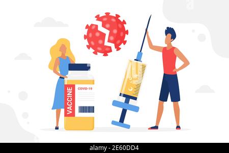 Vaccination campaign vector illustration. Cartoon people standing with vaccine medical bottle, big syringe injection to protect health from coronavirus, medicine healthcare concept isolated on white Stock Vector