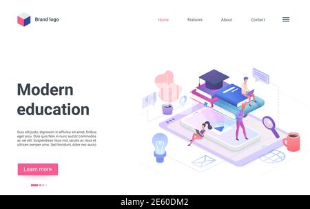 Online education technology isometric vector illustration. Cartoon 3d student people learning, watching video tutorials, studying and sitting on stack of books from library and smartphone landing page Stock Vector