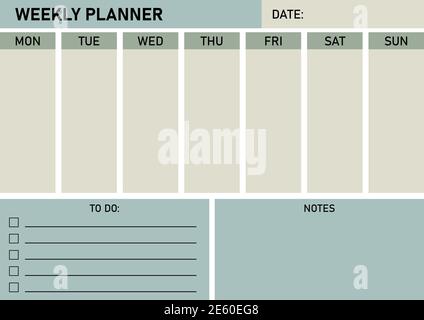 A4 Printable Basic Weekly Planer. Monthly planer blank template. Stock Vector