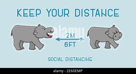 Keep your distance blue text for two hippopotamuses. Animals use social distancing. Cute cartoon hand drawn gray male Hippo is trying to bite female h Stock Vector