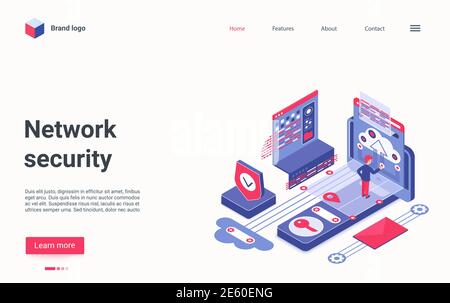 Network security modern technology isometric vector illustration. Cartoon 3d man character using cybersecurity hardware protection, protects against risk of hacker attack, computer virus landing page Stock Vector