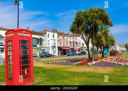 Red telephone booth on Strand street in Deal.Deal is a town in Kent, England, which lies where the North Sea and the English Channel meet,UK 2016 Stock Photo