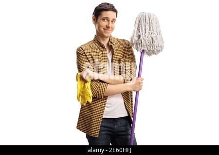 Young man holding a cleaning mop and a pair of gloves isolated on white background Stock Photo
