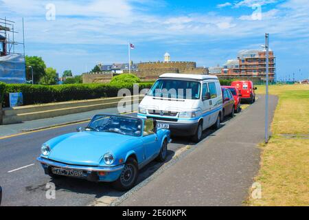 Traditional houses and classic car at The Beach street of Walmer town-a town in the district of Dover, Kent in England: located on the coast,UK Stock Photo