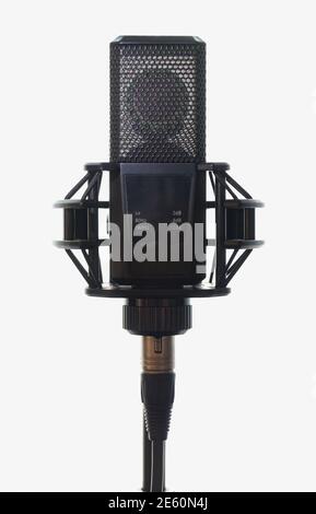 Professional studio microphone on stand, white background, front view Stock Photo