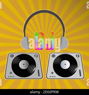 Two vinyl records and headphones with the text dj Stock Vector