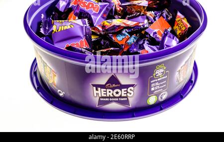Norwich, Norfolk, UK – December 26 2020. An illustrative photo of a close up of a box of Cadbury Hero assorted chocolates on a plain white background