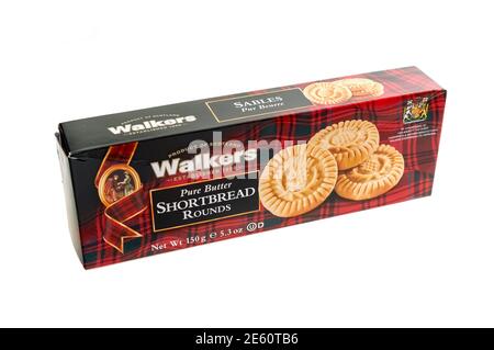 Norwich, Norfolk, UK – December 26 2020. An illustrative photo of a close up of a box of Walkers branded Scottish pure butter shortbread rounds Stock Photo