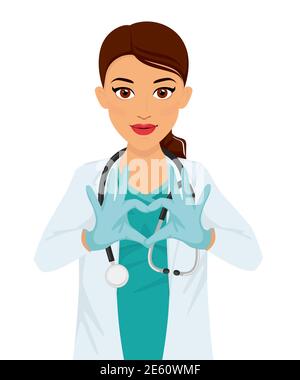 A woman doctor shows her heart with her hands. Suitable banner, flyer. Vaccination of people. Isolated vector characters in cartoon. Stock Vector