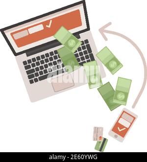 Concept of worldwide money transfer. Sending green banknotes from smart phone to personal computer. Vector illustration in flat style Stock Vector