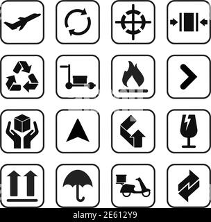 Packaging icons symbol in flat style. Black signs on the package. Vector illustration Stock Vector