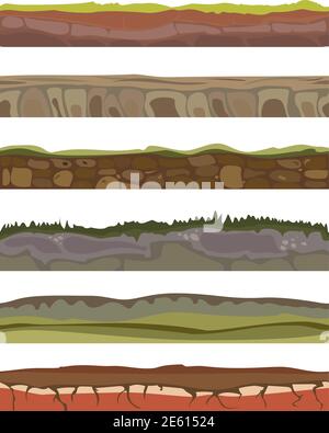 Seamless various sliced soil grounds for ui game. Soils foreground land area in cartoon style with blades of grass, rocks layers. Vector illustration Stock Vector