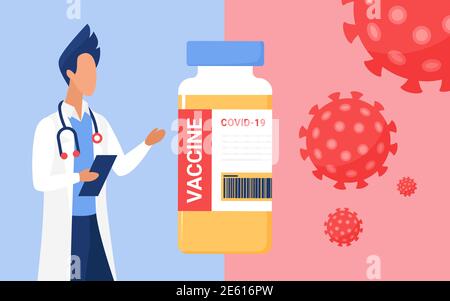 Doctor appointment, vaccination medicine healthcare concept vector illustration. Cartoon medical worker man character recommending immunization with vaccine in hospital, prevention measure background Stock Vector