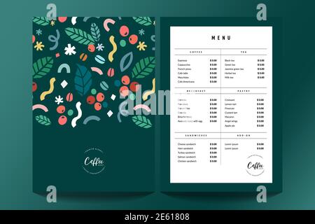 Coffee shop menu design template, cafe menu card template with cover. Pre-made printable layout. Beverage vector a4 flyer, modern minimalist design Stock Vector