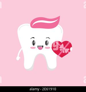 Tooth with heart and bow Valentines day dental icon isolated. Stock Vector