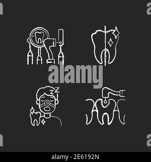 Dentistry method and practice chalk white icons set on black background Stock Vector