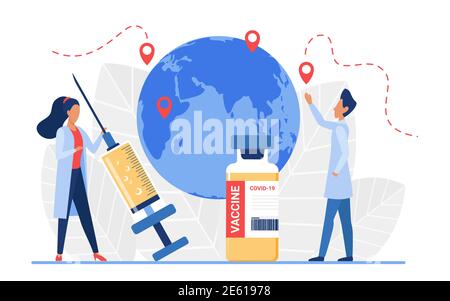 Epidemiology, vaccination concept vector illustration. Cartoon doctor people research virus pandemic outbreak location on map, epidemic health danger risk spread coronavirus disease isolated on white Stock Vector