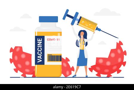 Defeat, destroy of corona virus cells, vaccination concept vector illustration. Cartoon happy doctor woman character standing with vaccine medical bottle, holding syringe injection isolated on white Stock Vector