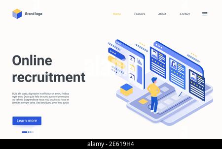 Online recruitment technology isometric vector illustration. Cartoon 3d hr specialist recruiting people in employment agency, working on selection of best talent employee candidate landing page Stock Vector