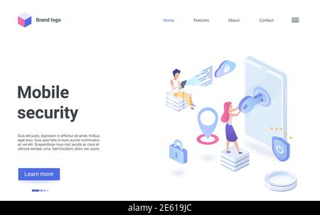 Mobile security technology isometric vector illustration. Cartoon user people standing with key near smartphone, using secure cyber network service for privacy data information protection landing page Stock Vector