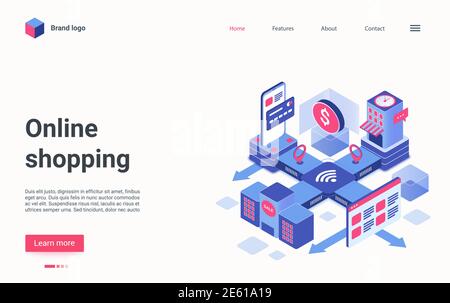 Online shopping technology isometric vector illustration. Cartoon 3d abstract process of online ordering using mobile smartphone in retail shop store, payment for purchases and delivery landing page Stock Vector